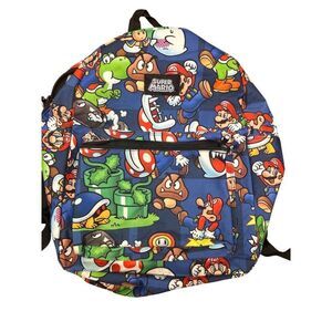 Super Mario Print Backpack With Padded Straps & Front Zipper Pocket
